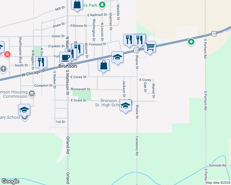 map of restaurants, bars, coffee shops, grocery stores, and more near 346 Roosevelt Street in Bronson