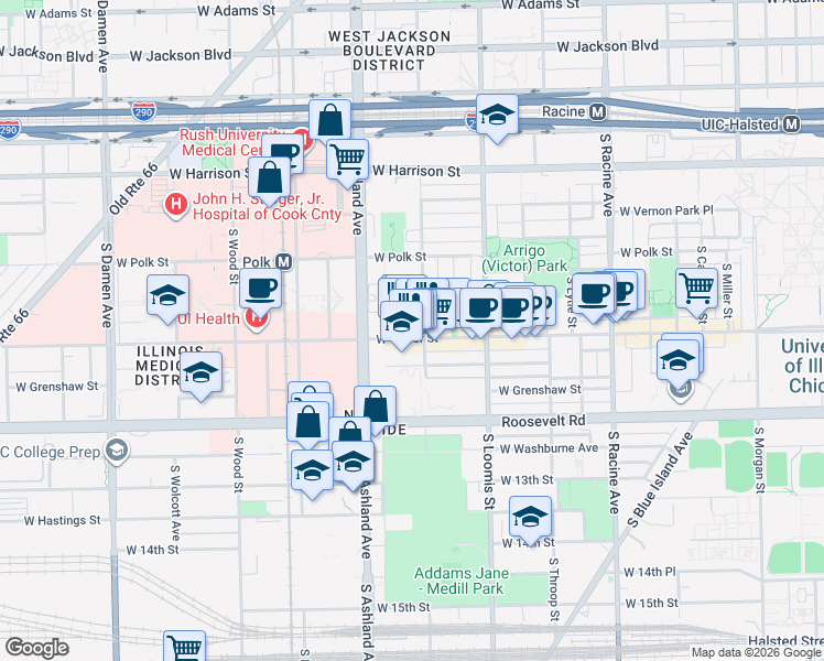 map of restaurants, bars, coffee shops, grocery stores, and more near 1508 West Taylor Street in Chicago