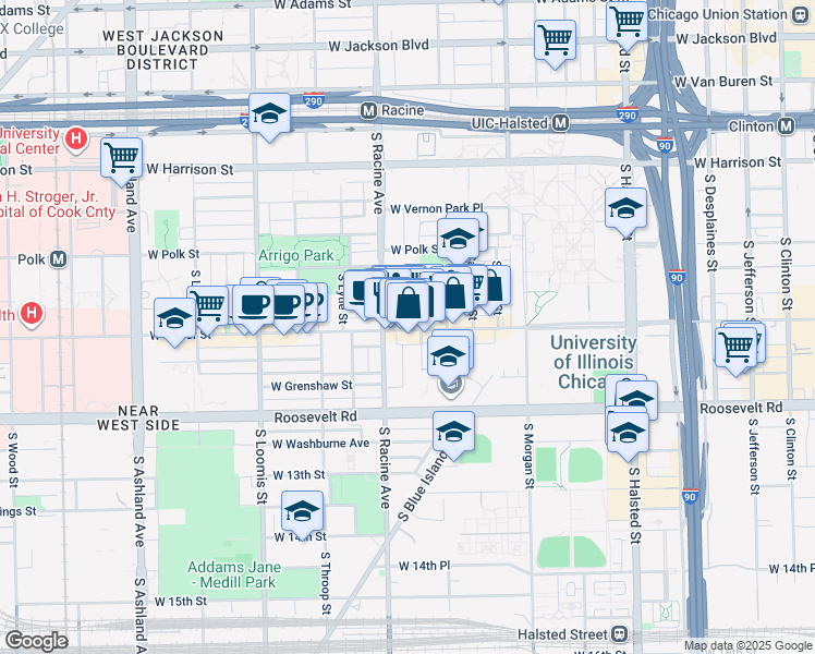 map of restaurants, bars, coffee shops, grocery stores, and more near 1138 West Taylor Street in Chicago