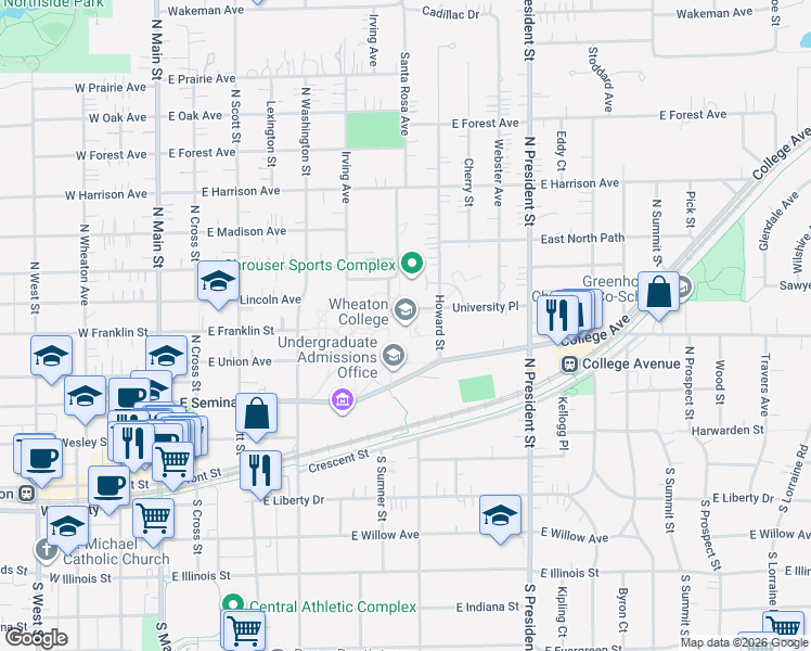 map of restaurants, bars, coffee shops, grocery stores, and more near 501 College Avenue in Wheaton