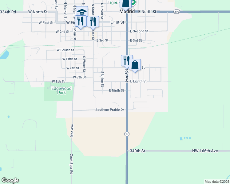 map of restaurants, bars, coffee shops, grocery stores, and more near 306 East Ninth Street in Madrid