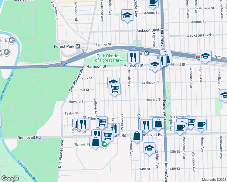 map of restaurants, bars, coffee shops, grocery stores, and more near 944 Beloit Avenue in Forest Park