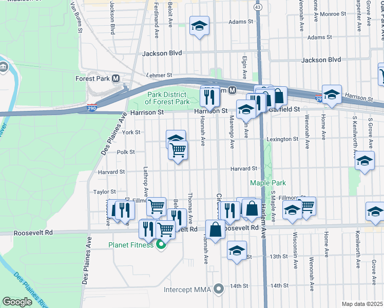map of restaurants, bars, coffee shops, grocery stores, and more near 920 Thomas Avenue in Forest Park