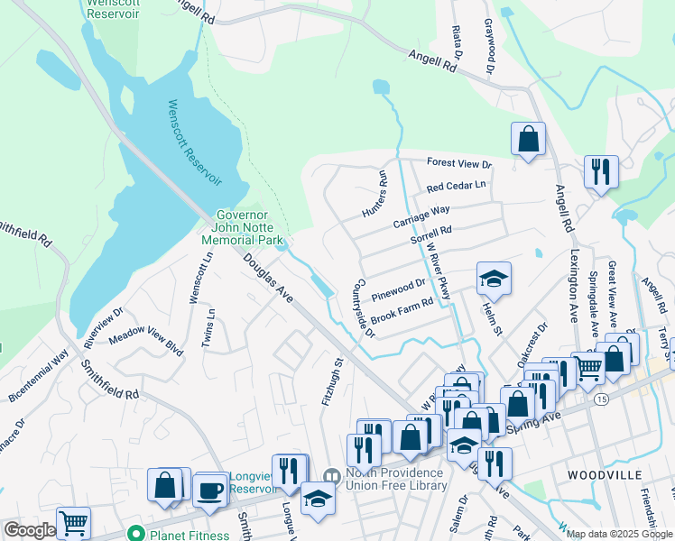 map of restaurants, bars, coffee shops, grocery stores, and more near 12 Hunters Run in North Providence
