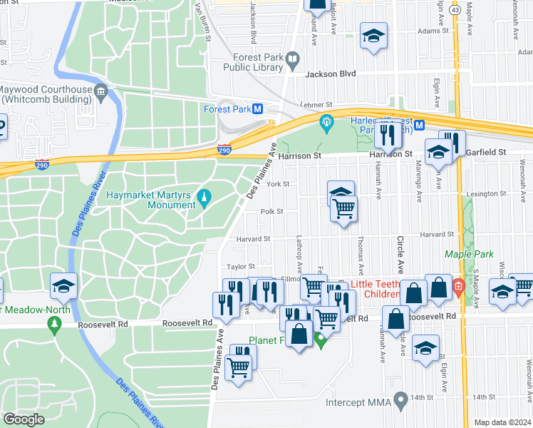 map of restaurants, bars, coffee shops, grocery stores, and more near 919 Dunlop Avenue in Forest Park