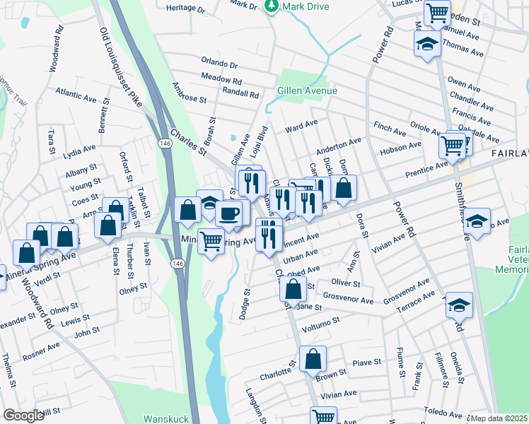 map of restaurants, bars, coffee shops, grocery stores, and more near 1105 Rhode Island 246 in North Providence