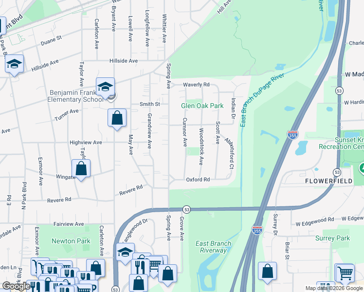 map of restaurants, bars, coffee shops, grocery stores, and more near 274 Cumnor Avenue in Glen Ellyn