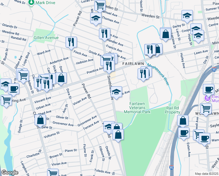 map of restaurants, bars, coffee shops, grocery stores, and more near 340 Rhode Island 126 in Pawtucket