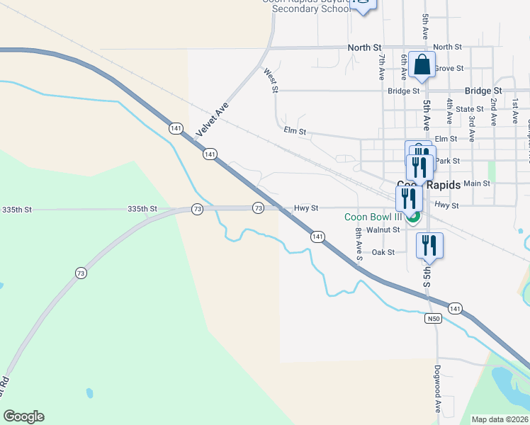 map of restaurants, bars, coffee shops, grocery stores, and more near 30794-30998 Highway Street in Coon Rapids