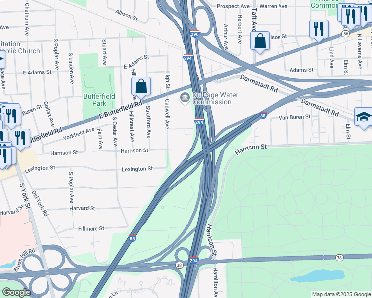 map of restaurants, bars, coffee shops, grocery stores, and more near 599 East Harrison Street in Elmhurst