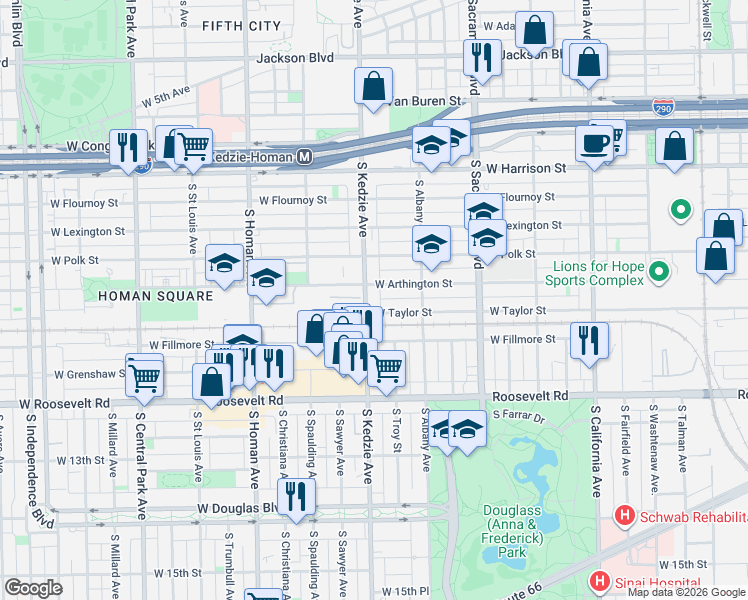 map of restaurants, bars, coffee shops, grocery stores, and more near 3142 West Taylor Street in Chicago