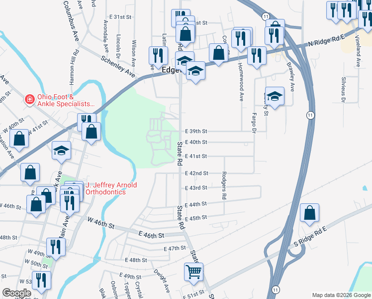map of restaurants, bars, coffee shops, grocery stores, and more near 4016 State Road in Ashtabula