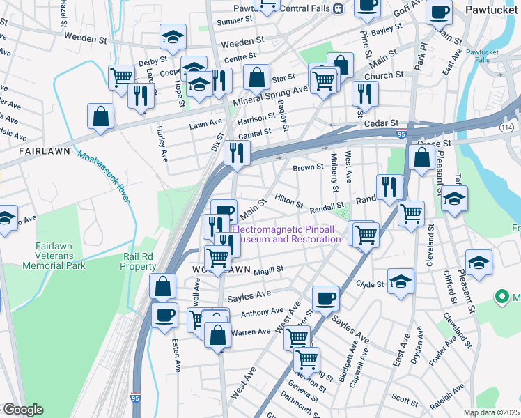 map of restaurants, bars, coffee shops, grocery stores, and more near 796 Main Street in Pawtucket