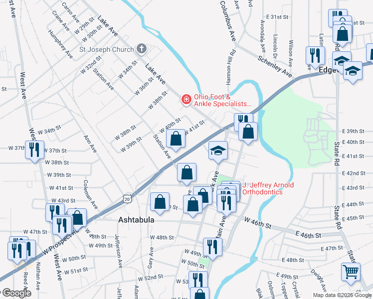 map of restaurants, bars, coffee shops, grocery stores, and more near 443 West Prospect Road in Ashtabula