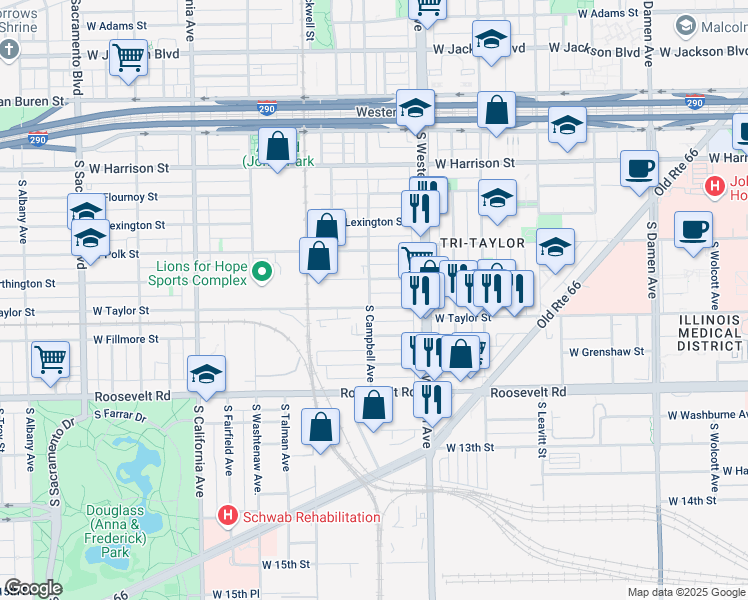 map of restaurants, bars, coffee shops, grocery stores, and more near 915 South Campbell Avenue in Chicago