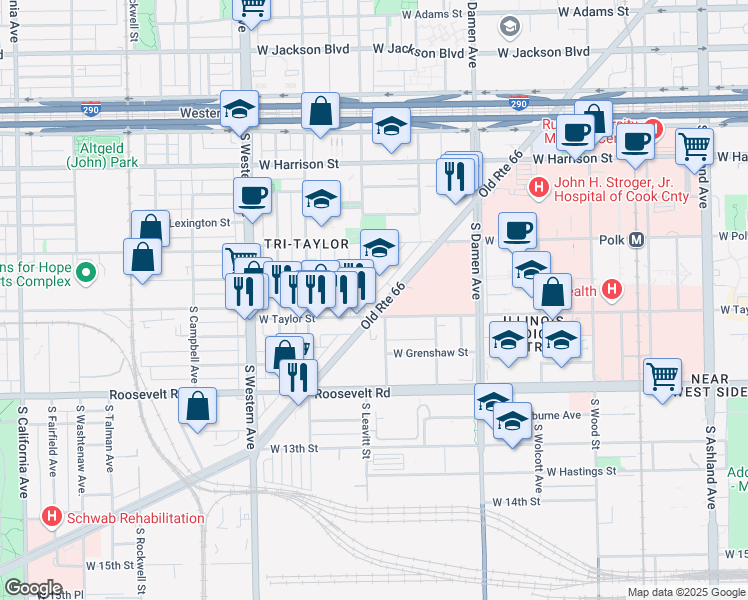 map of restaurants, bars, coffee shops, grocery stores, and more near 2160 Ogden Avenue in Chicago