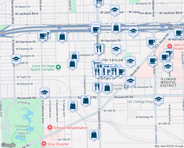 map of restaurants, bars, coffee shops, grocery stores, and more near 2418 West Taylor Street in Chicago