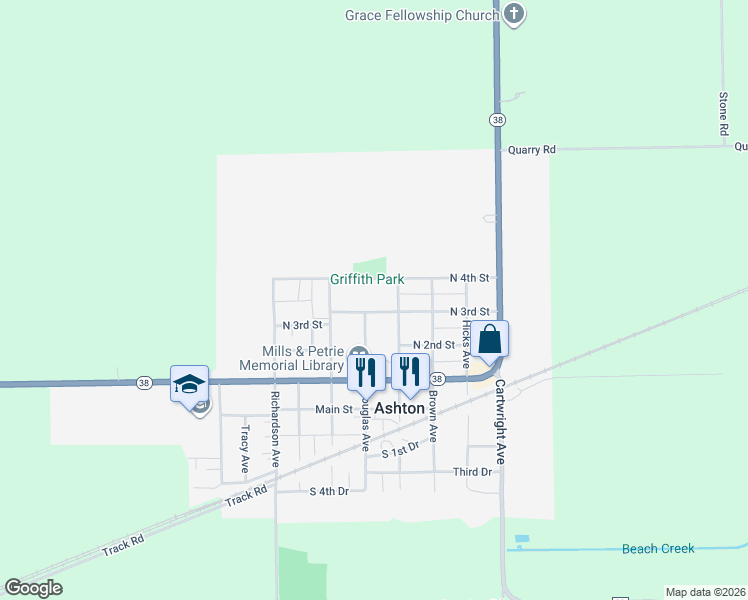 map of restaurants, bars, coffee shops, grocery stores, and more near 806 North 3rd Street in Ashton