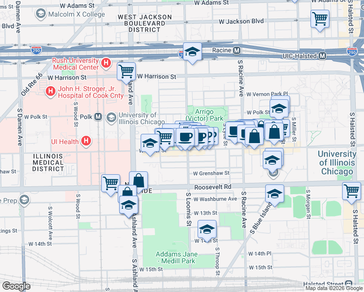 map of restaurants, bars, coffee shops, grocery stores, and more near 927A South Loomis Street in Chicago