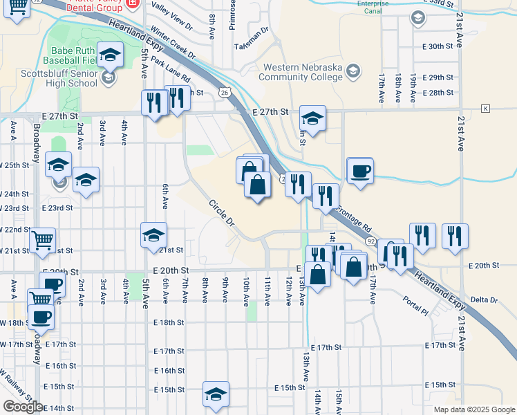 map of restaurants, bars, coffee shops, grocery stores, and more near 2302 Frontage Road in Scottsbluff