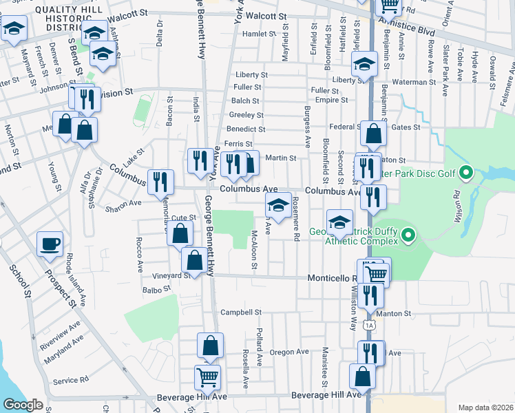 map of restaurants, bars, coffee shops, grocery stores, and more near 35 Lincoln Avenue in Pawtucket