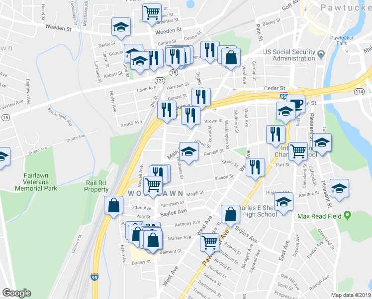 map of restaurants, bars, coffee shops, grocery stores, and more near 802 Main Street in Pawtucket