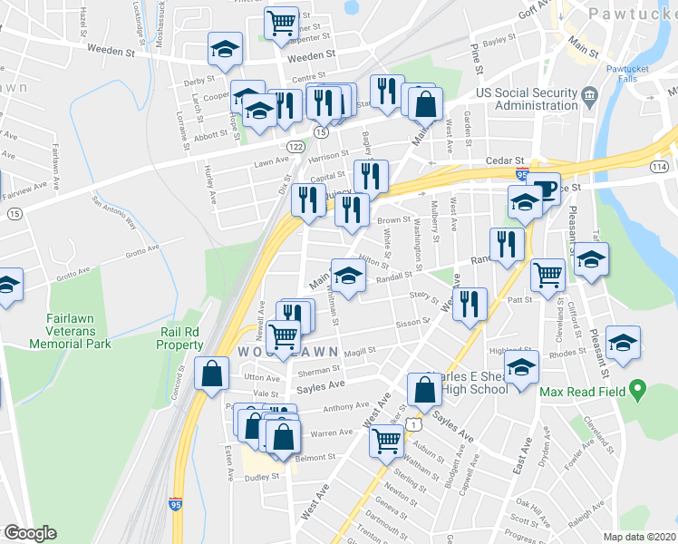 map of restaurants, bars, coffee shops, grocery stores, and more near 802 Main Street in Pawtucket