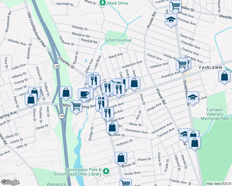map of restaurants, bars, coffee shops, grocery stores, and more near 5 Baird Avenue in North Providence