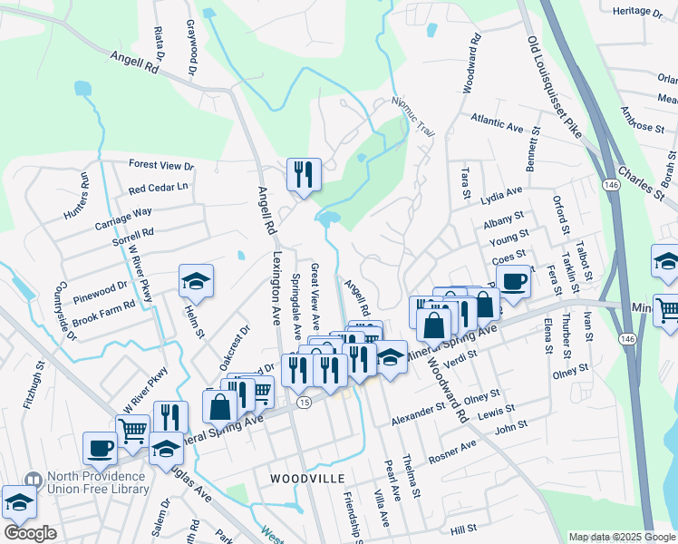map of restaurants, bars, coffee shops, grocery stores, and more near 16 Evergreen Parkway in North Providence