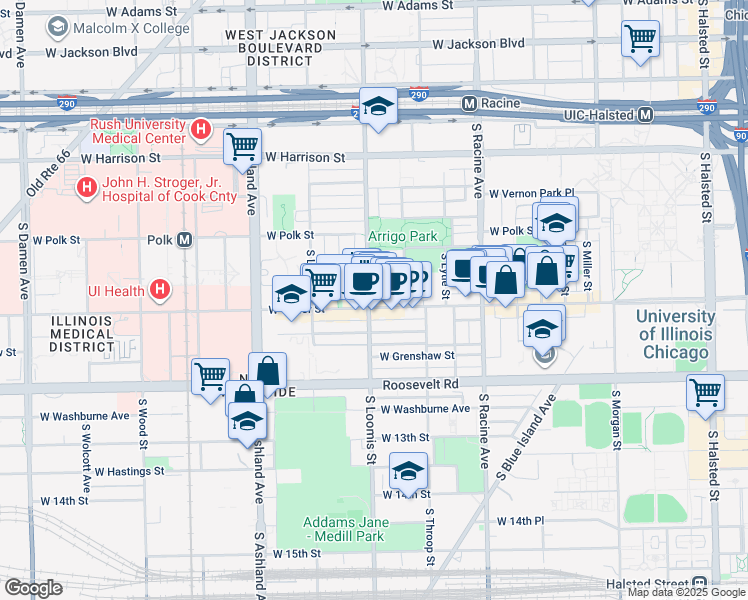 map of restaurants, bars, coffee shops, grocery stores, and more near 927A South Loomis Street in Chicago