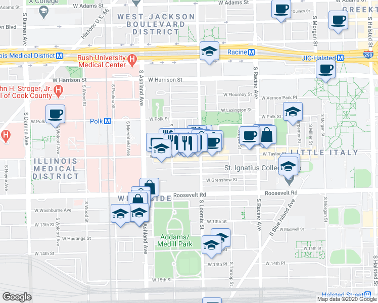 map of restaurants, bars, coffee shops, grocery stores, and more near 1004 South Bishop Street in Chicago