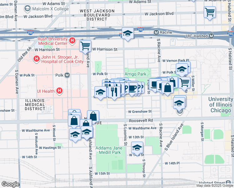 map of restaurants, bars, coffee shops, grocery stores, and more near 1004 South Bishop Street in Chicago
