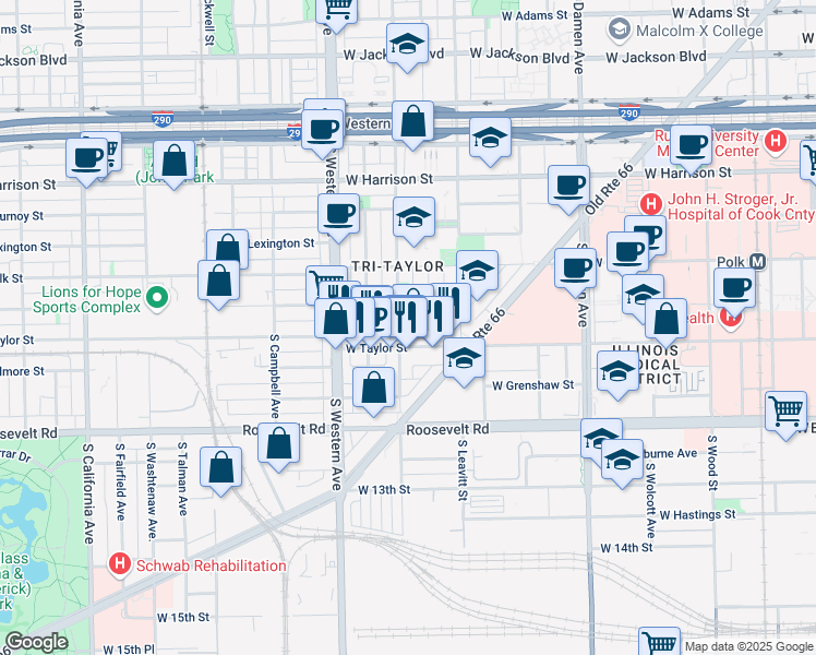 map of restaurants, bars, coffee shops, grocery stores, and more near 926 South Oakley Boulevard in Chicago