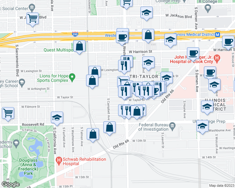 map of restaurants, bars, coffee shops, grocery stores, and more near 2418 West Taylor Street in Chicago