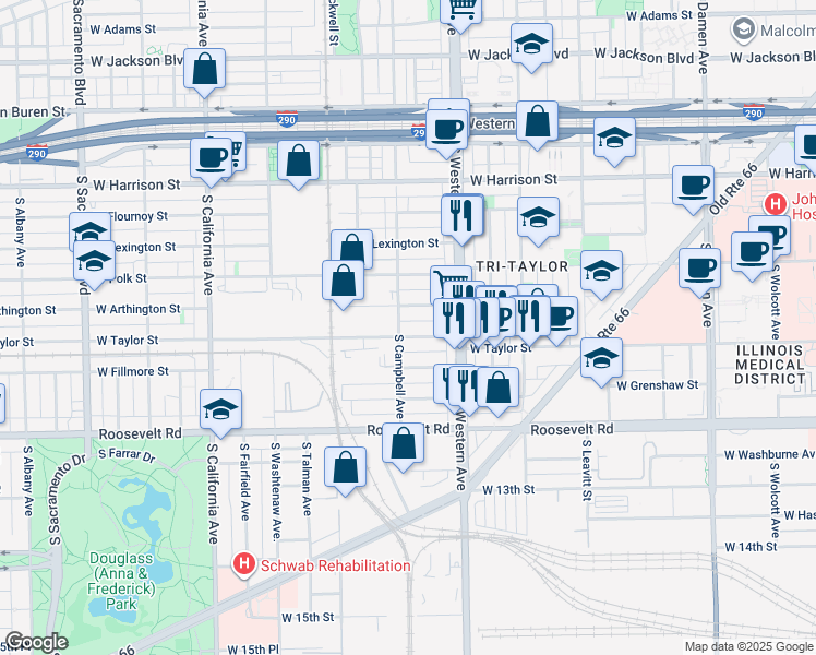 map of restaurants, bars, coffee shops, grocery stores, and more near 915 South Campbell Avenue in Chicago