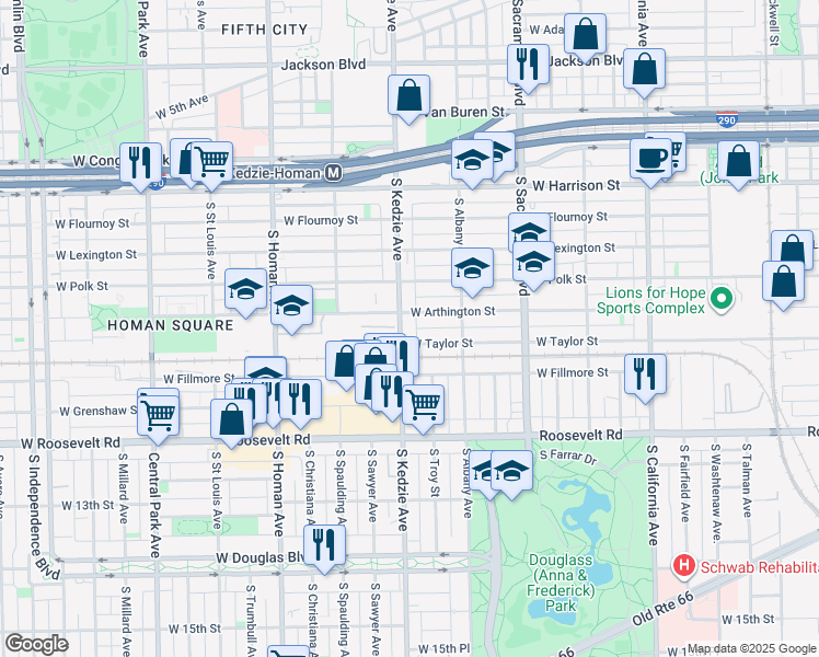 map of restaurants, bars, coffee shops, grocery stores, and more near 3142 West Taylor Street in Chicago