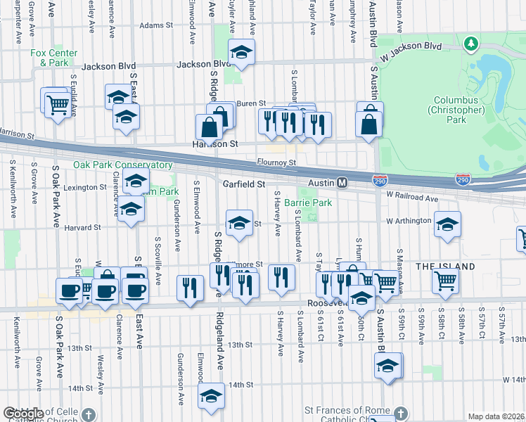 map of restaurants, bars, coffee shops, grocery stores, and more near 1036 Highland Avenue in Oak Park
