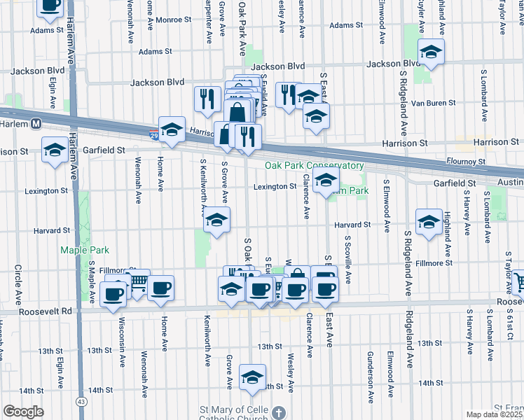 map of restaurants, bars, coffee shops, grocery stores, and more near 1028 South Oak Park Avenue in Oak Park
