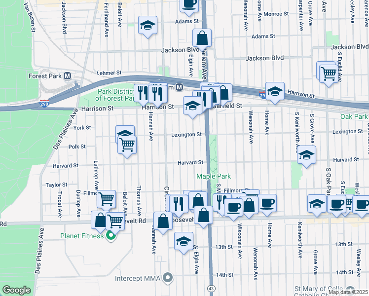 map of restaurants, bars, coffee shops, grocery stores, and more near 925 Marengo Avenue in Forest Park