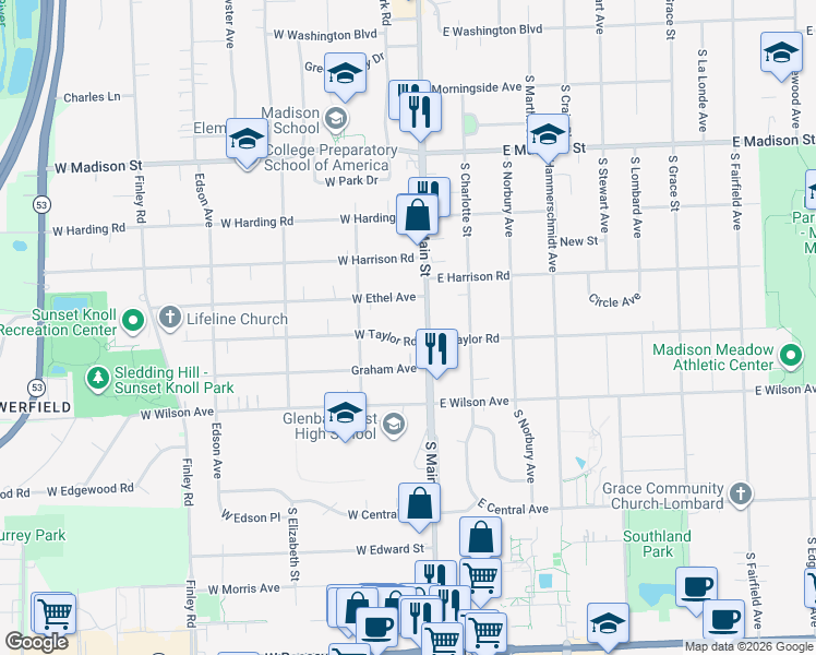 map of restaurants, bars, coffee shops, grocery stores, and more near 16 West Taylor Road in Lombard