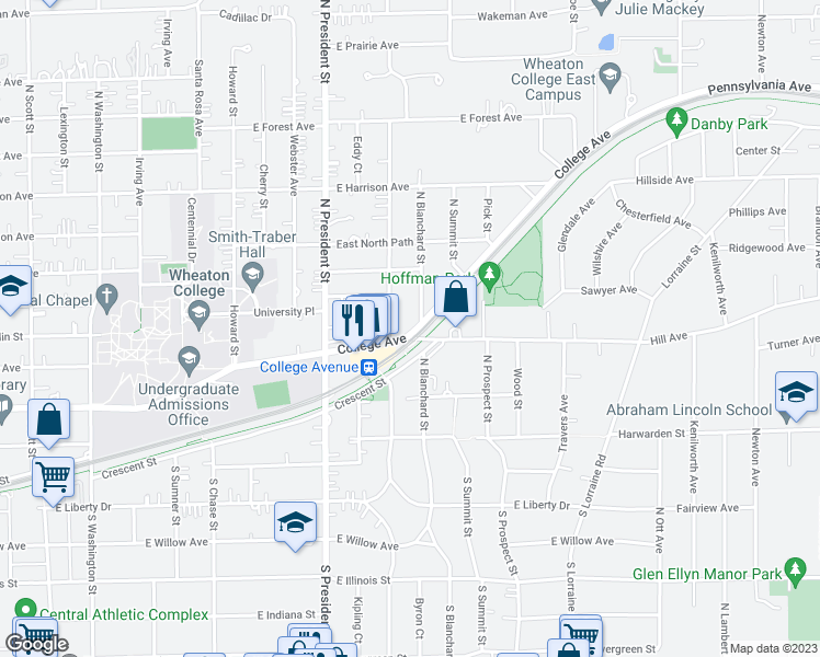 map of restaurants, bars, coffee shops, grocery stores, and more near 405 Stoddard Avenue in Wheaton