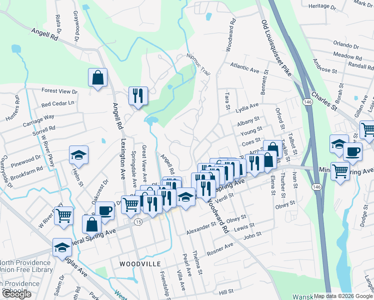 map of restaurants, bars, coffee shops, grocery stores, and more near 85A Nipmuc Trail in North Providence
