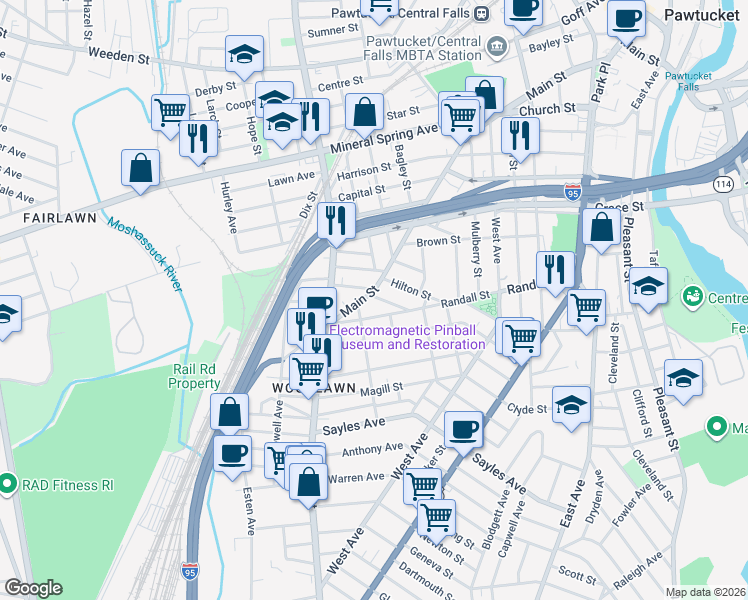 map of restaurants, bars, coffee shops, grocery stores, and more near 802 Main Street in Pawtucket