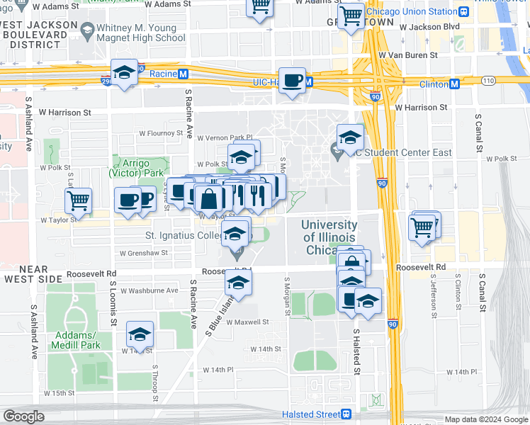 map of restaurants, bars, coffee shops, grocery stores, and more near 1030 West Taylor Street in Chicago