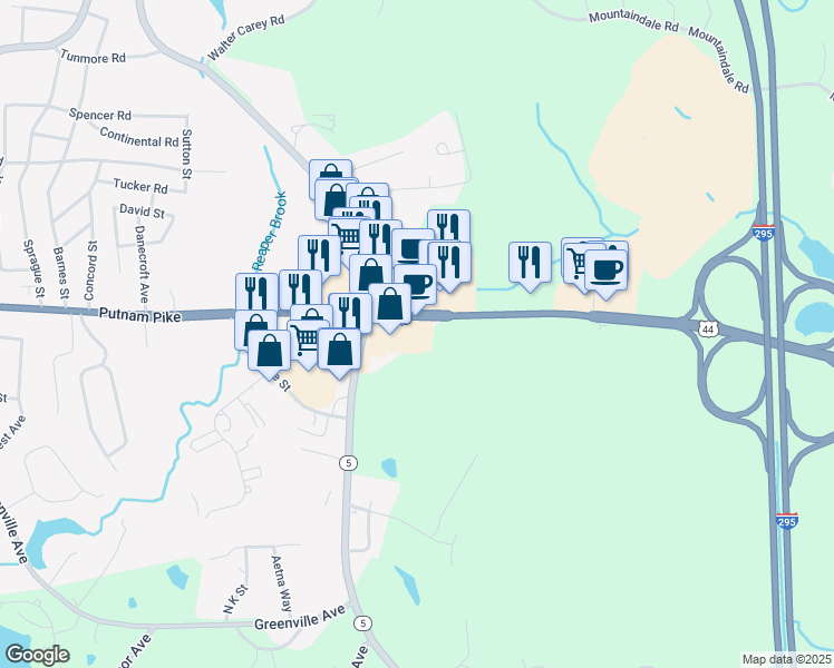 map of restaurants, bars, coffee shops, grocery stores, and more near 400 Putnam Pike in Smithfield