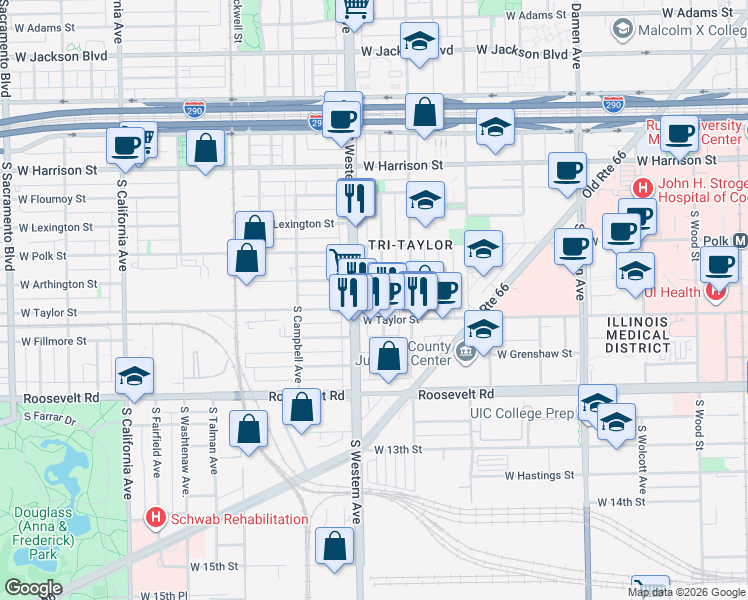 map of restaurants, bars, coffee shops, grocery stores, and more near 920 South Claremont Avenue in Chicago