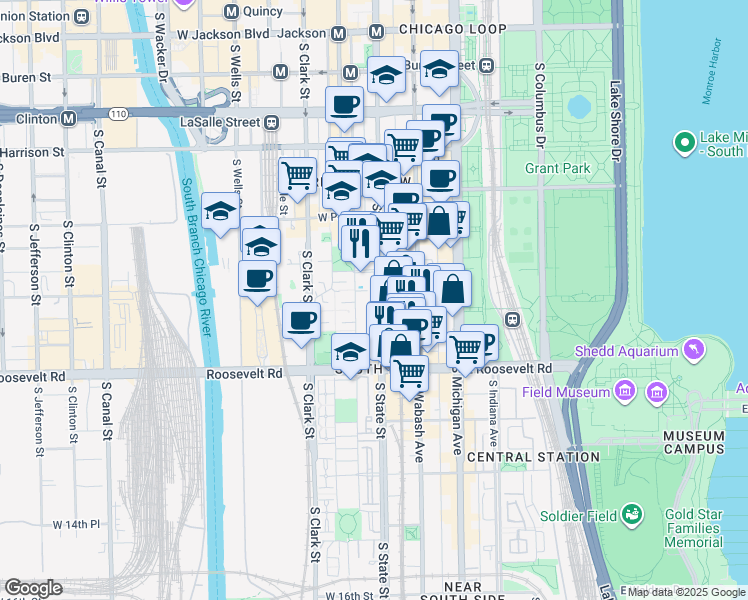 map of restaurants, bars, coffee shops, grocery stores, and more near 1001 South Plymouth Court in Chicago