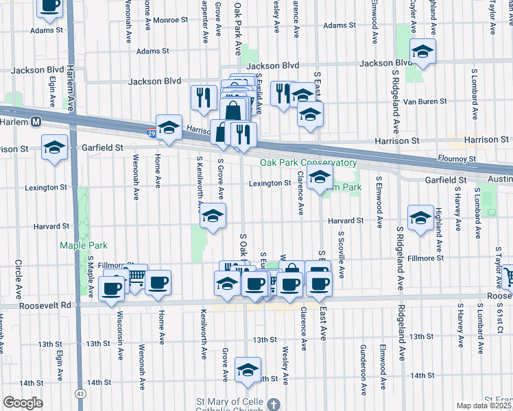 map of restaurants, bars, coffee shops, grocery stores, and more near 1028 South Oak Park Avenue in Oak Park