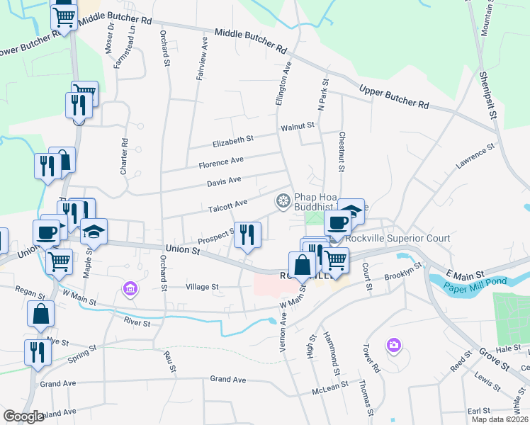 map of restaurants, bars, coffee shops, grocery stores, and more near 91 Prospect Street in Vernon
