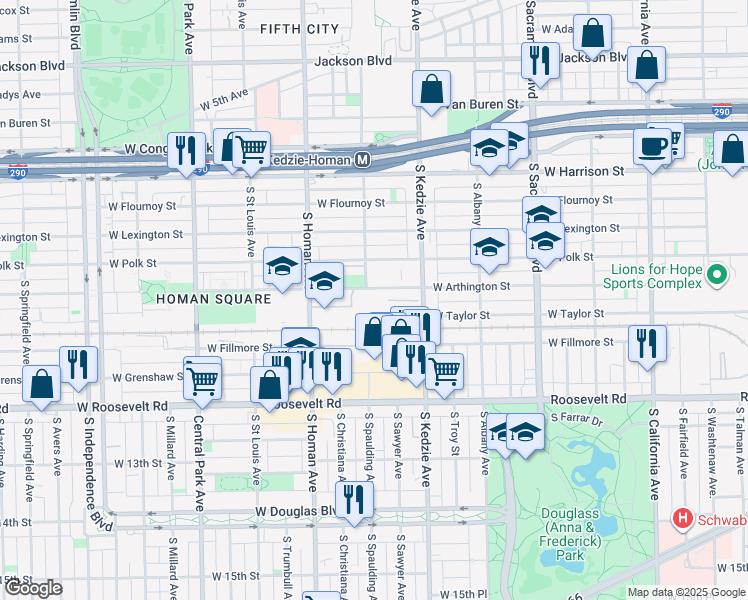 map of restaurants, bars, coffee shops, grocery stores, and more near 3245 West Arthington Street in Chicago